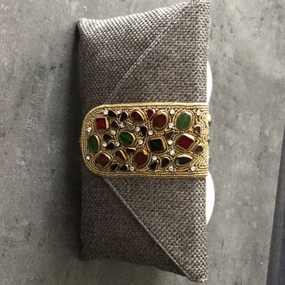 Handmade Grey woven clutch with coloured stone detail